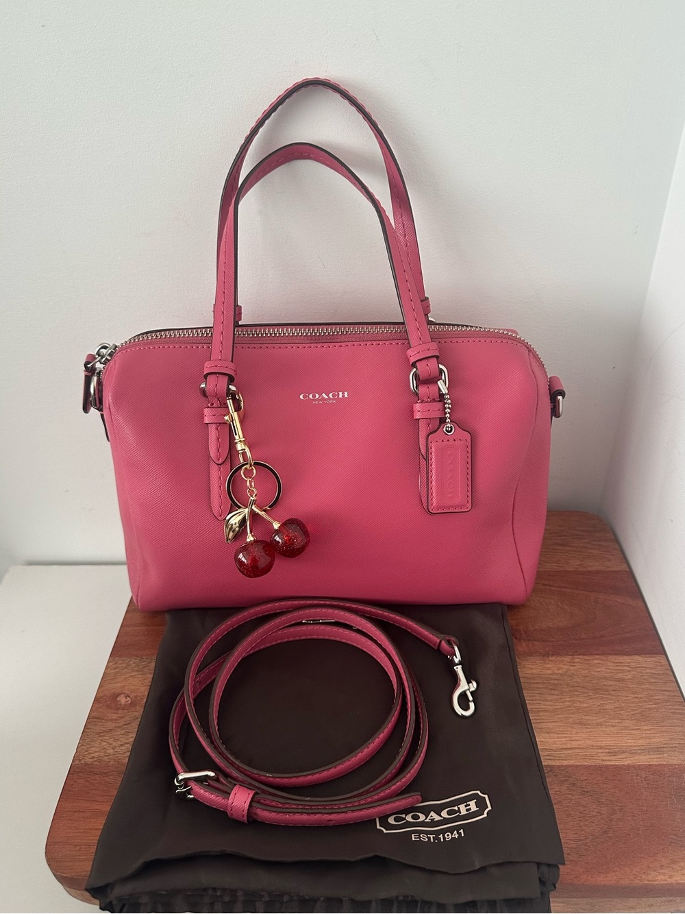 Coach Peyton Bennett Mini Satchel Vibrant Pink & Crossbody Strap  Cherry Charm